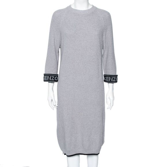 Kenzo Dresses & Skirts - Kenzo Grey Knit Logo Trimmed Detailed Long Sleeve Sweater Dress S
